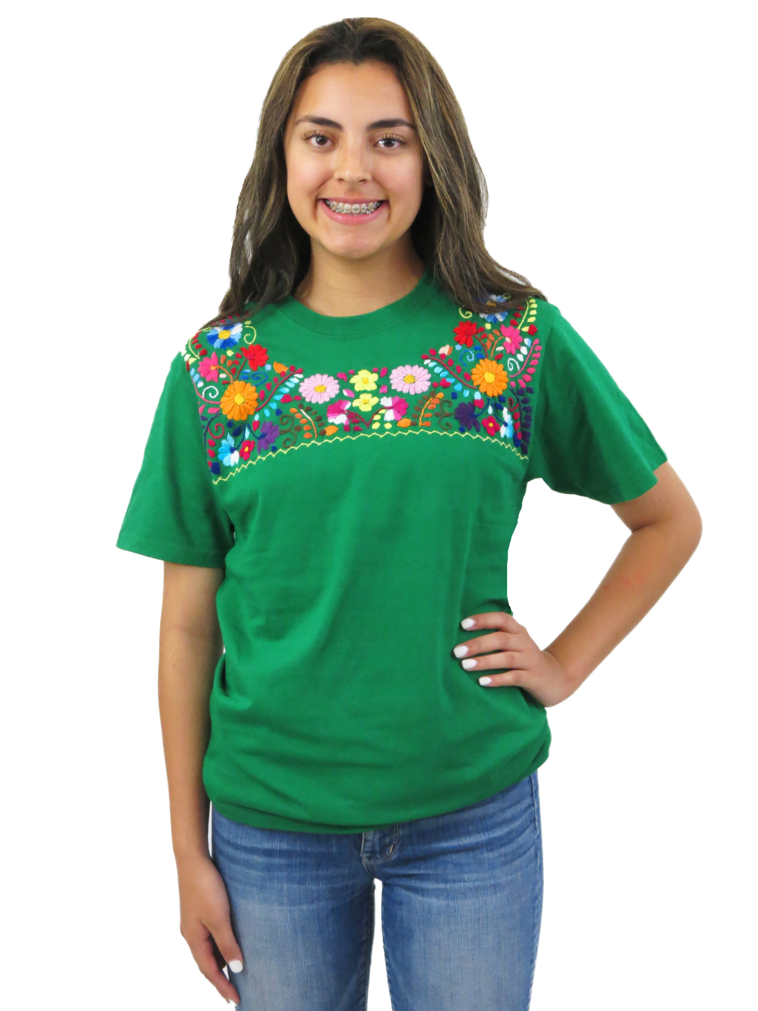 Leos imports  mexican blouse style hand embroidered t shirt green Leos imports  mexican blouse style hand embroidered t shirt green