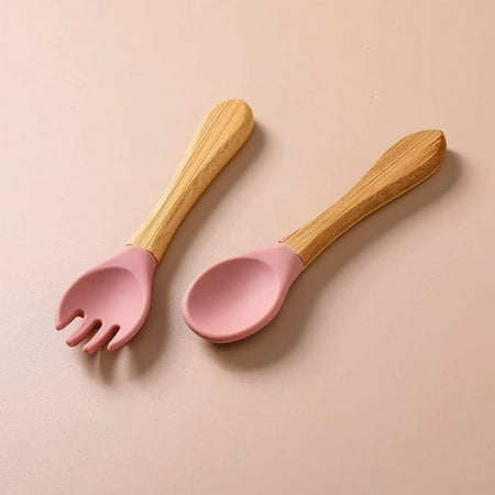 

Baby Feeding Spoon Bamboo Wood and Silicone Baby Fork and Spoon - Soft Curved Silicone Tip Spoons - Suitable for Baby and Toddlers Forked Spoone （Pink）