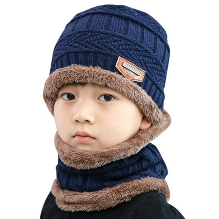 

QWERTYU Toddler Baby Fleece Lined Ski Cap Children Winter Hat with Scarf Knitted Beanie for Girl Boy 1Y-8Y One Size
