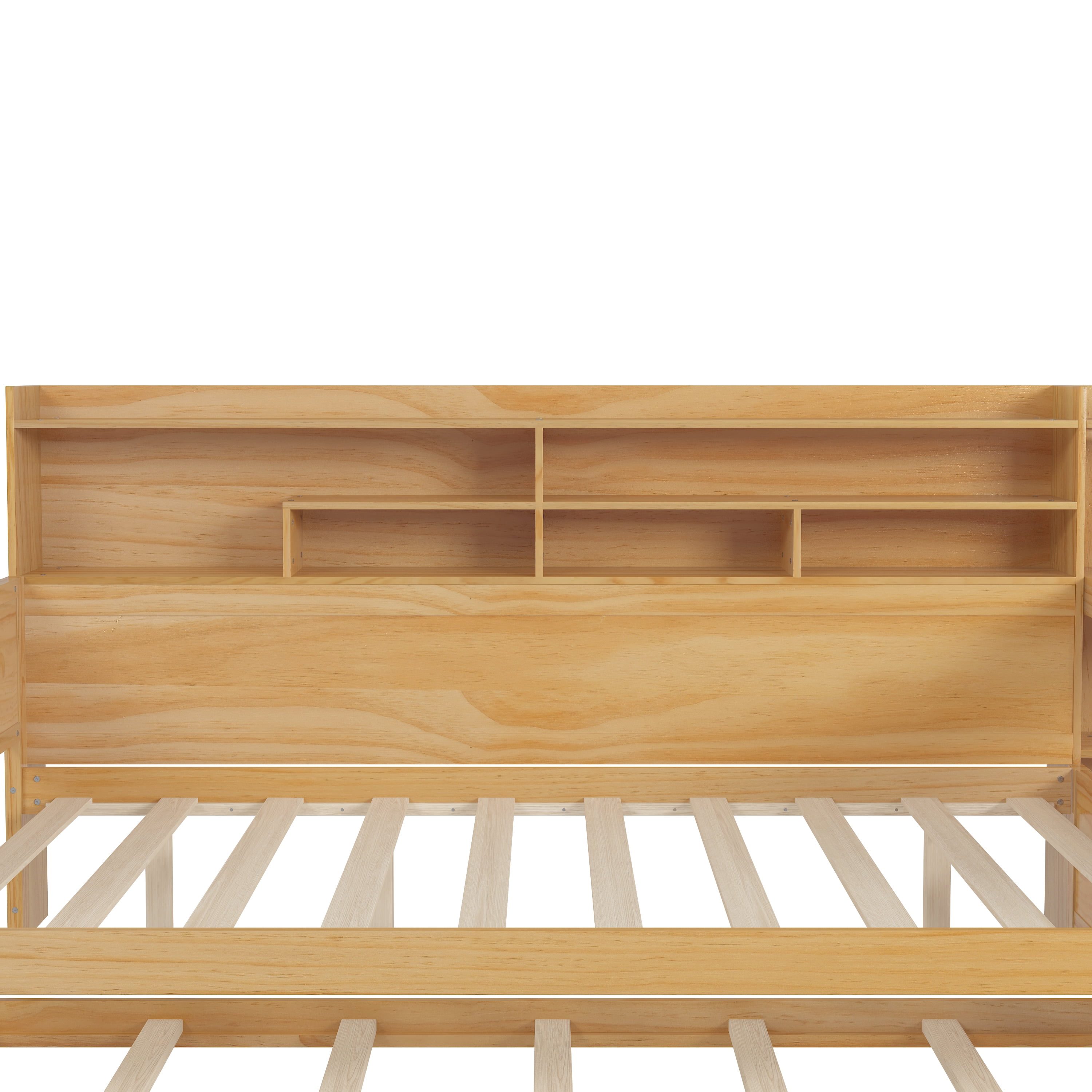 Euroco Wood Full Size Daybed with Trundle, Storage Captain Bed with Desk and Shelves, Natural