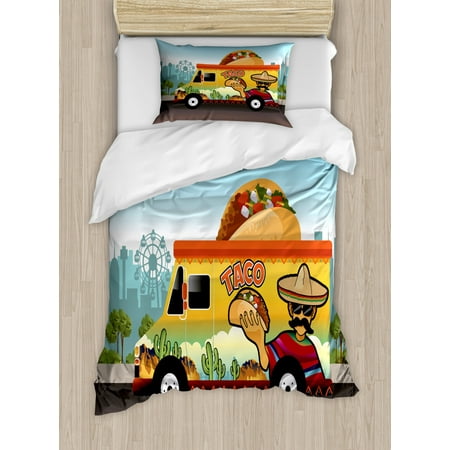 Mexican Duvet Cover Set Twin Size Taco Truck On The Road In City