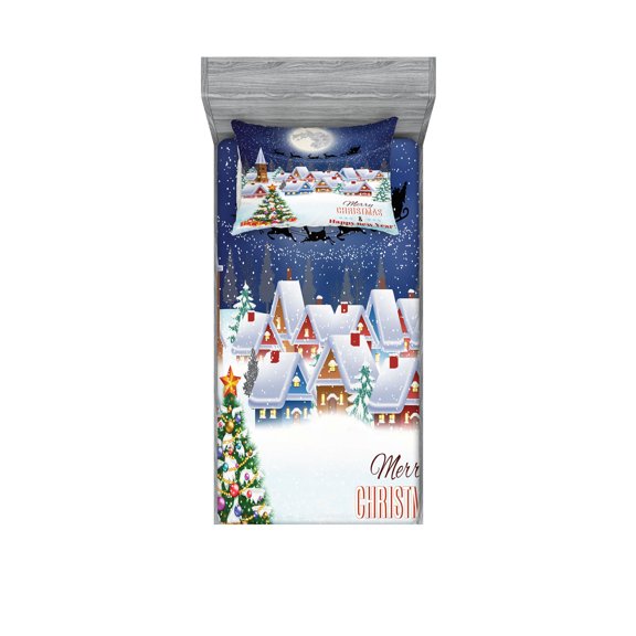 Ambesonne Christmas Fitted Sheet & Pillow Sham Set, Winter Sky Moon Star, Twinxl, Navy White