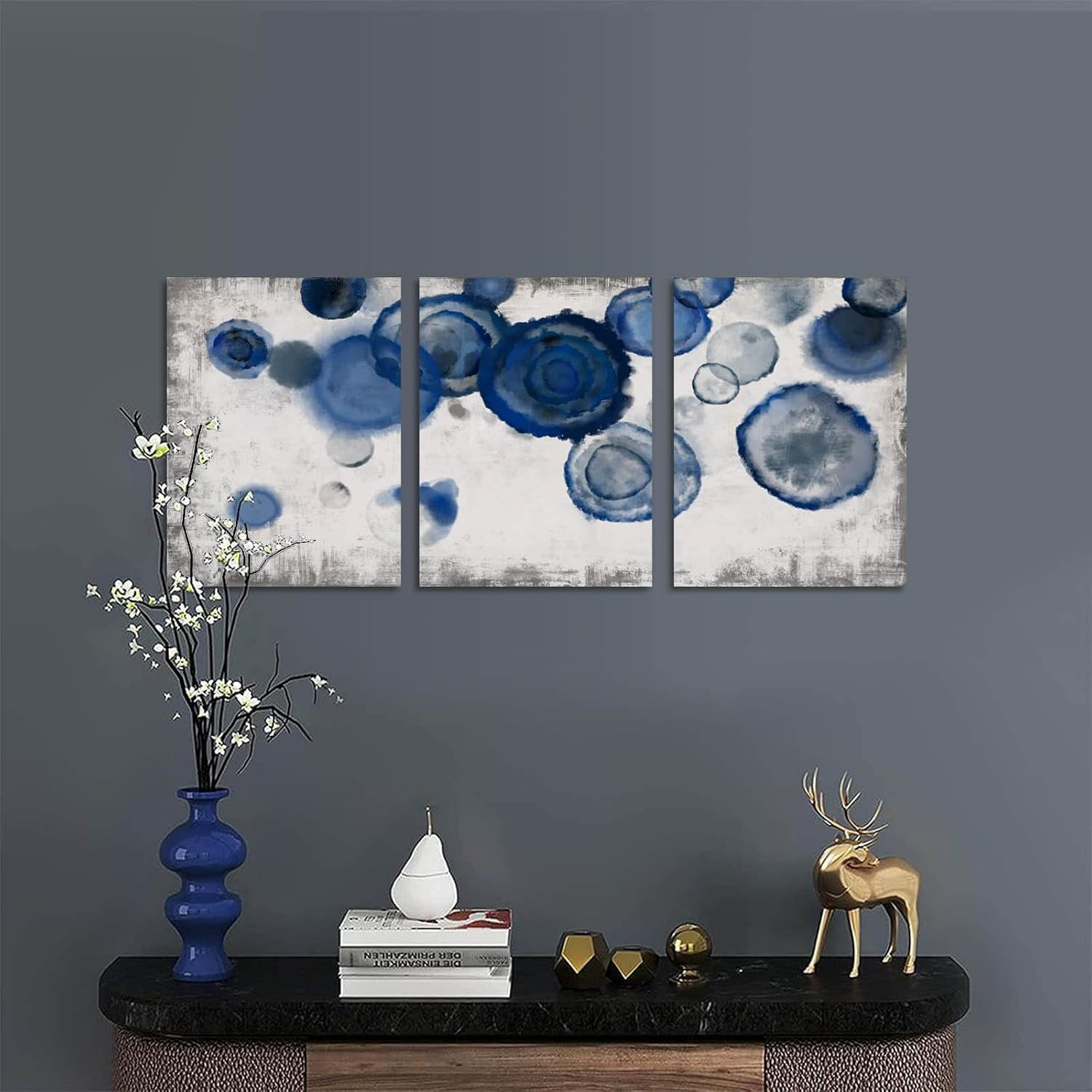 Abstract Watercolor Wall Painting Pictures for Bathroom Wall Decor Navy Blue Canvas Prints Blue and White Wall Art for Bedroom Kitchen Office 12"x16"x3p