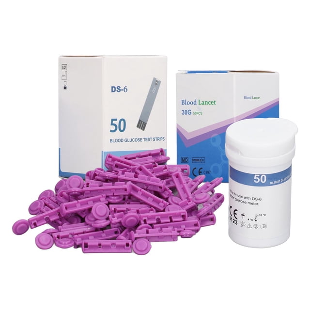 50 tiras reactivas de glucosa en sangre, 50 lancetas, kit de agujas de papel para pruebas de azúcar en sangre para diabéticos — vista frontal: caja DS-6 marcada “50” de tiras, frasco blanco con etiqueta azul con “50” y un grupo de lancetas plásticas magenta en primer plano; materiales de plástico, empaques individuales de un solo uso, prueba rápida con 0.6 µl de sangre y diseño portátil para control de glucosa en casa u oficina. Apto también para llevar en viajes como kit de monitoreo personal.
