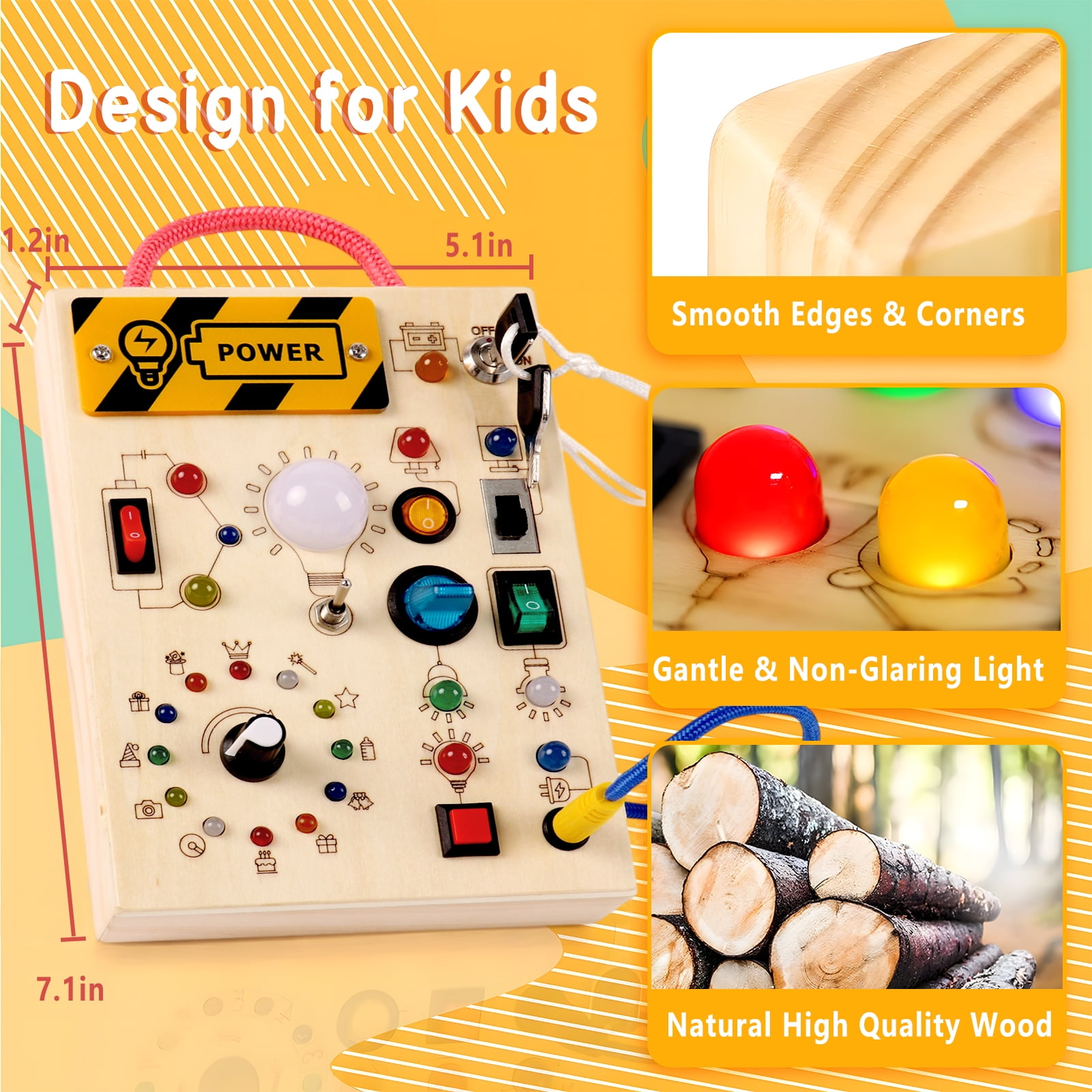 KiddiTouch Montessori  Busy Board,Toddler Wooden Sensory Board Educational Toy with 23 LED Lights,Toddlers Travel Toy Gifts for 1-3 Boys and Girls