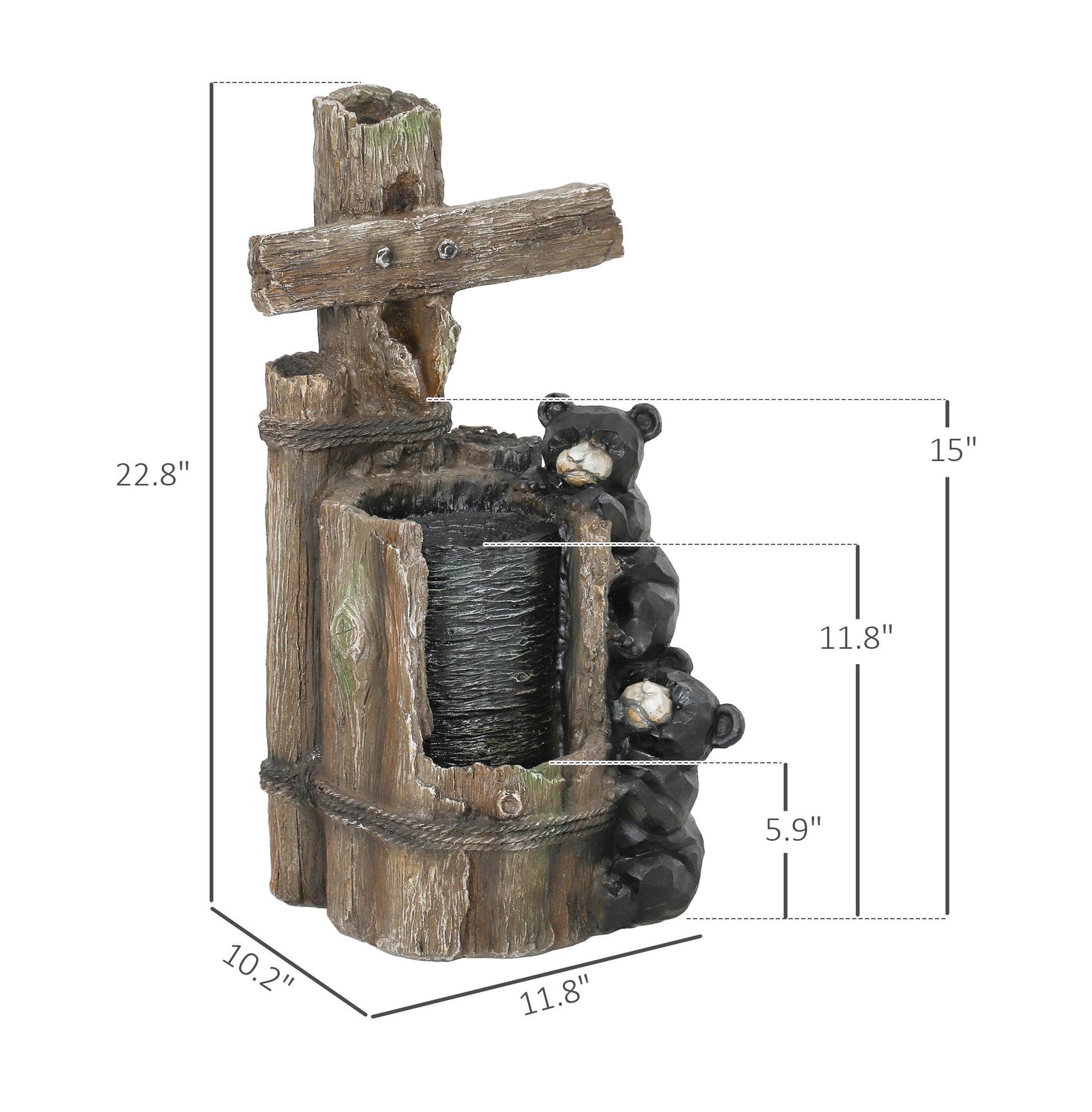22.8" Outdoor Water Fountain, 3-Tier Bear Waterfall with LED Lights & Pump