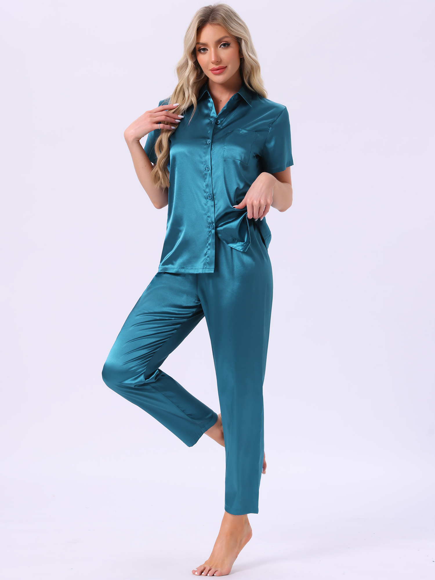 DARING DIVA Satin Pajamas Silky Button Down Short Sleeve Shirt Pants Set L Peacock Blue