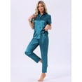 thumbnail image 2 of DARING DIVA Satin Pajamas Silky Button Down Short Sleeve Shirt Pants Set M Peacock Blue, 2 of 7