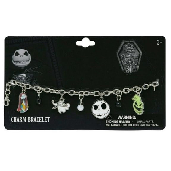 Nightmare Before Christmas 6.75" Charm Bracelet on Card with 4 metal charms and 3 beads on Card