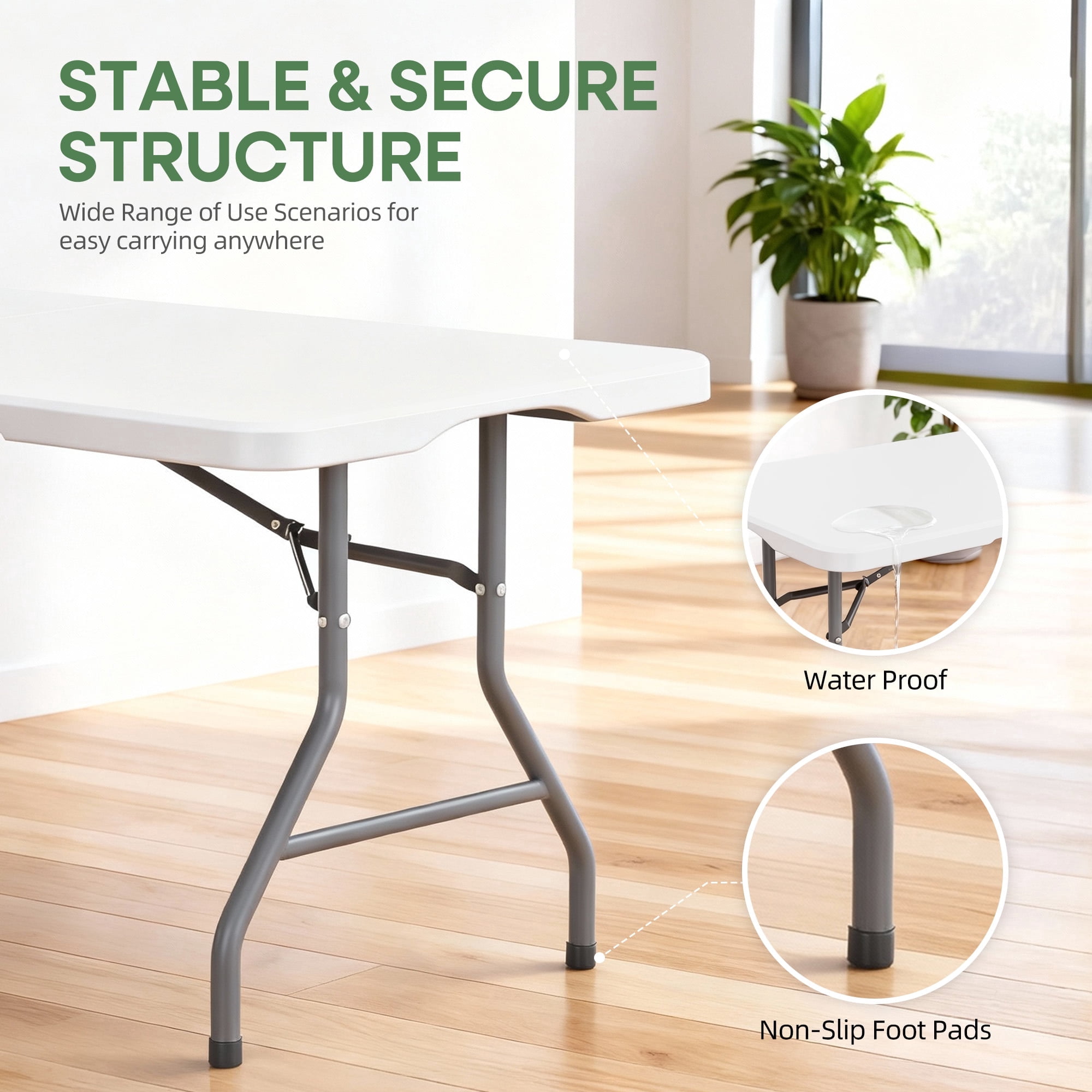 Furnibear 6FT Folding Table,Indoor Outdoor Portable Fold-in-Half Table with Carrying Handle for Picnic Party Camping,White