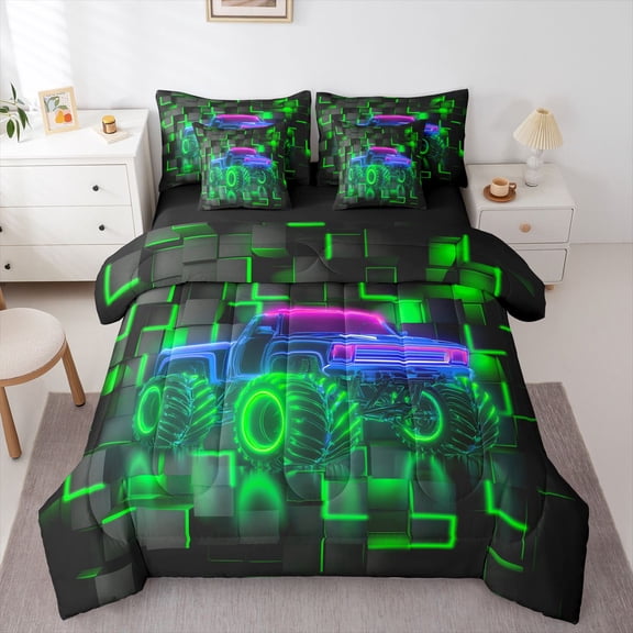 Manfei Green Monster Truck 7-Piece Twin Bedding,Patchwork Geometric Plaid Bedding Comforter Set,Black Reversible
