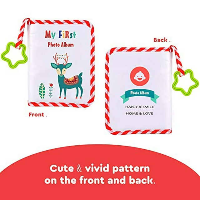 Baby Photo Album 4x6 Inch 17 Photos Soft Fabric Book with Teether, Crib Attachable First Year Memory Book, Child-Safe Materials, Cute Cover, Clear Pockets, Baby Shower Gift for Newborns
