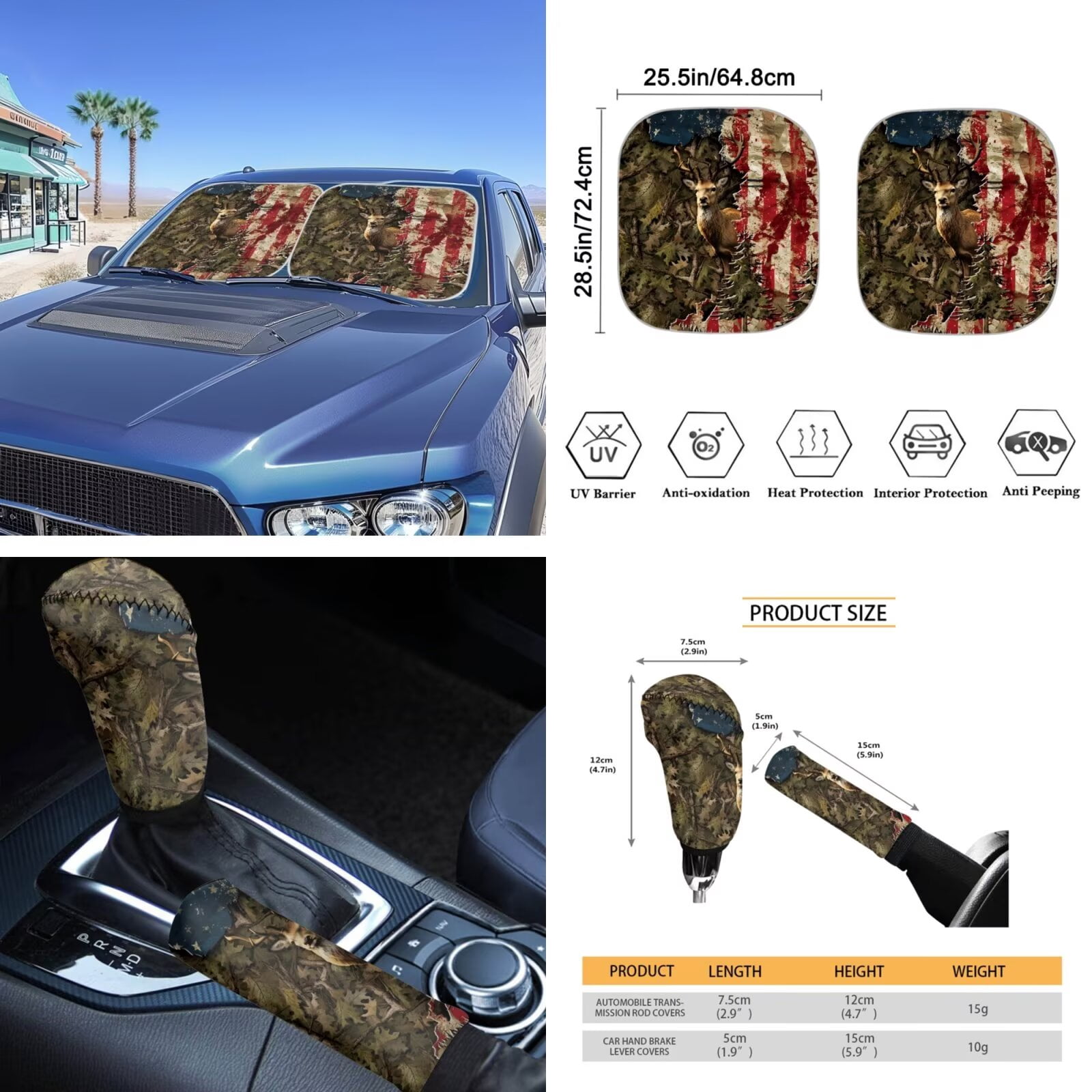 Garronmavis American Flag Forest Deer Car Seat Cover Full Set 16 Pieces Belt Pads Cover Keychain Holder Gear Shifting Knob Cup Mats