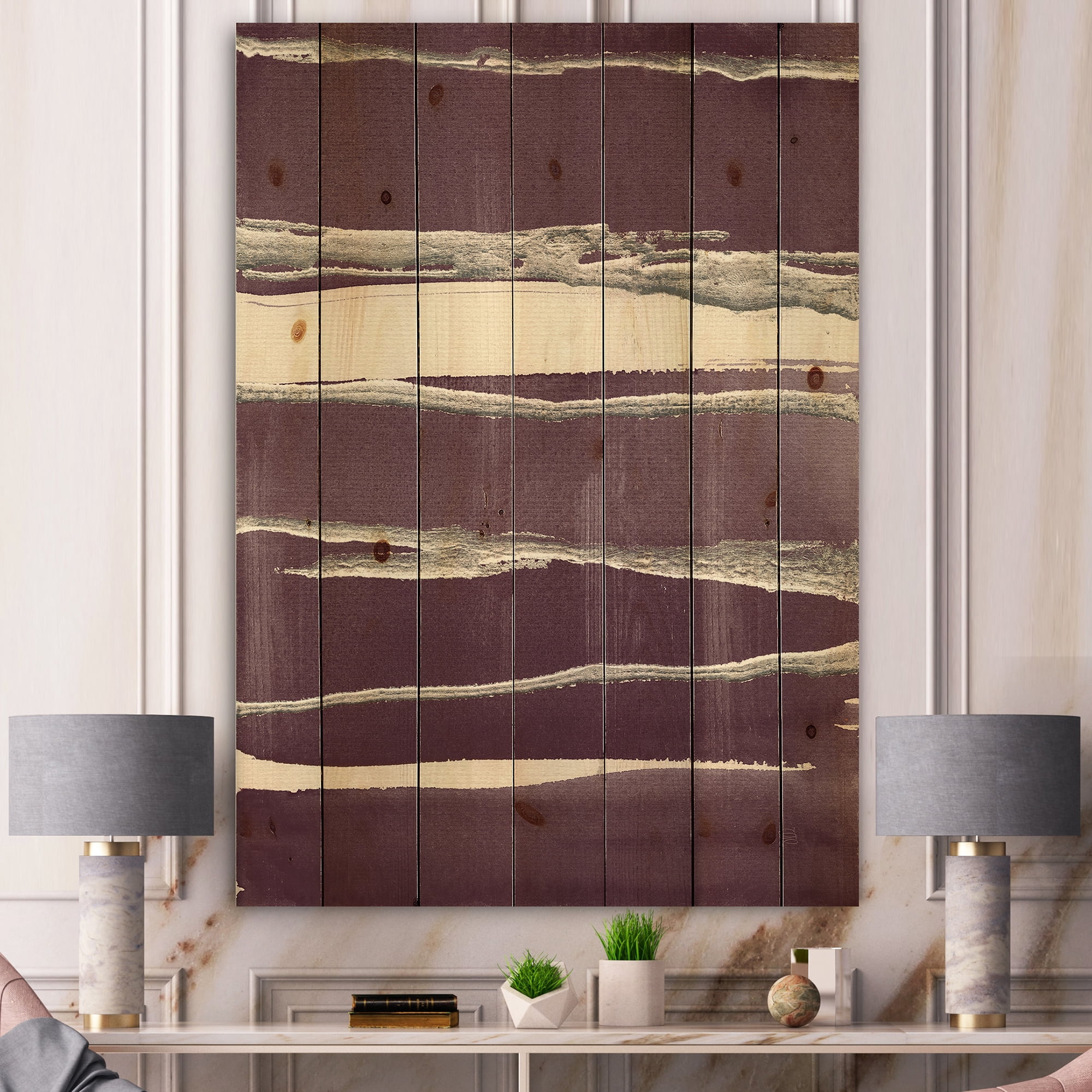 Designart 'Shabby Watercolor on Purple III' Shabby Chic Print on Natural Pine Wood