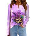 thumbnail image 2 of Mardi Gras Shirts Womens Sequins Feathers Print Crew Neck Graphic Tee Glitter Long Sleeve Party T Shirts Light Purple L, 2 of 6
