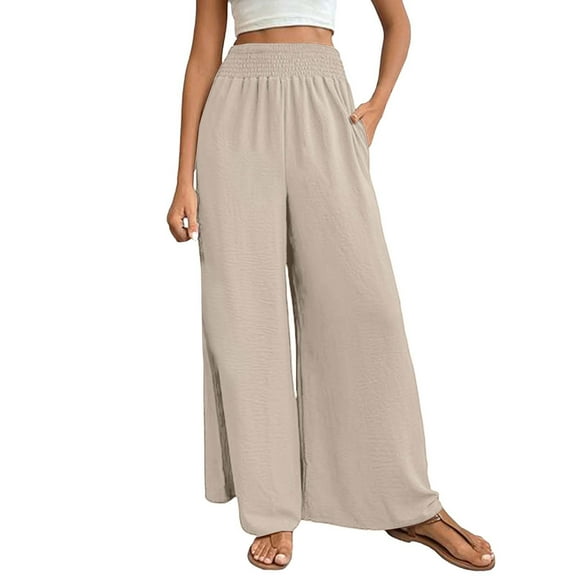 Comdrip Palazzo Pants for Women Plus Size, Women's Textured Elastic High Waisted Wide Leg Pants with Flared Design Simple and Elegant Temperament Commuting Casual Pants Culottes for Women Beige L