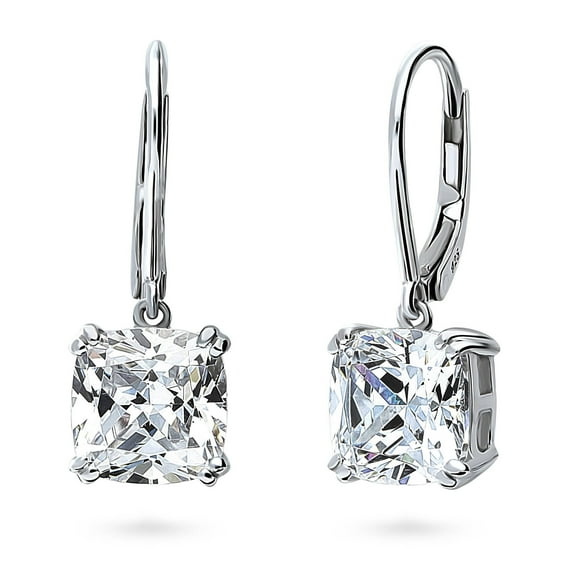 BERRICLE Sterling Silver Solitaire 6 Carat Cushion Cut Cubic Zirconia CZ Statement Anniversary Leverback Dangle Drop Earrings for Women, Rhodium Plated