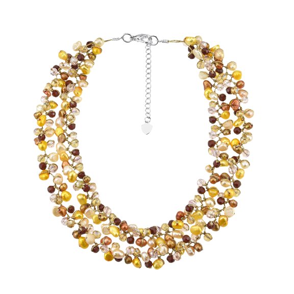 Captivating Fashion Yellow Tone Pearls Crystals Silk Thread Bib Necklace