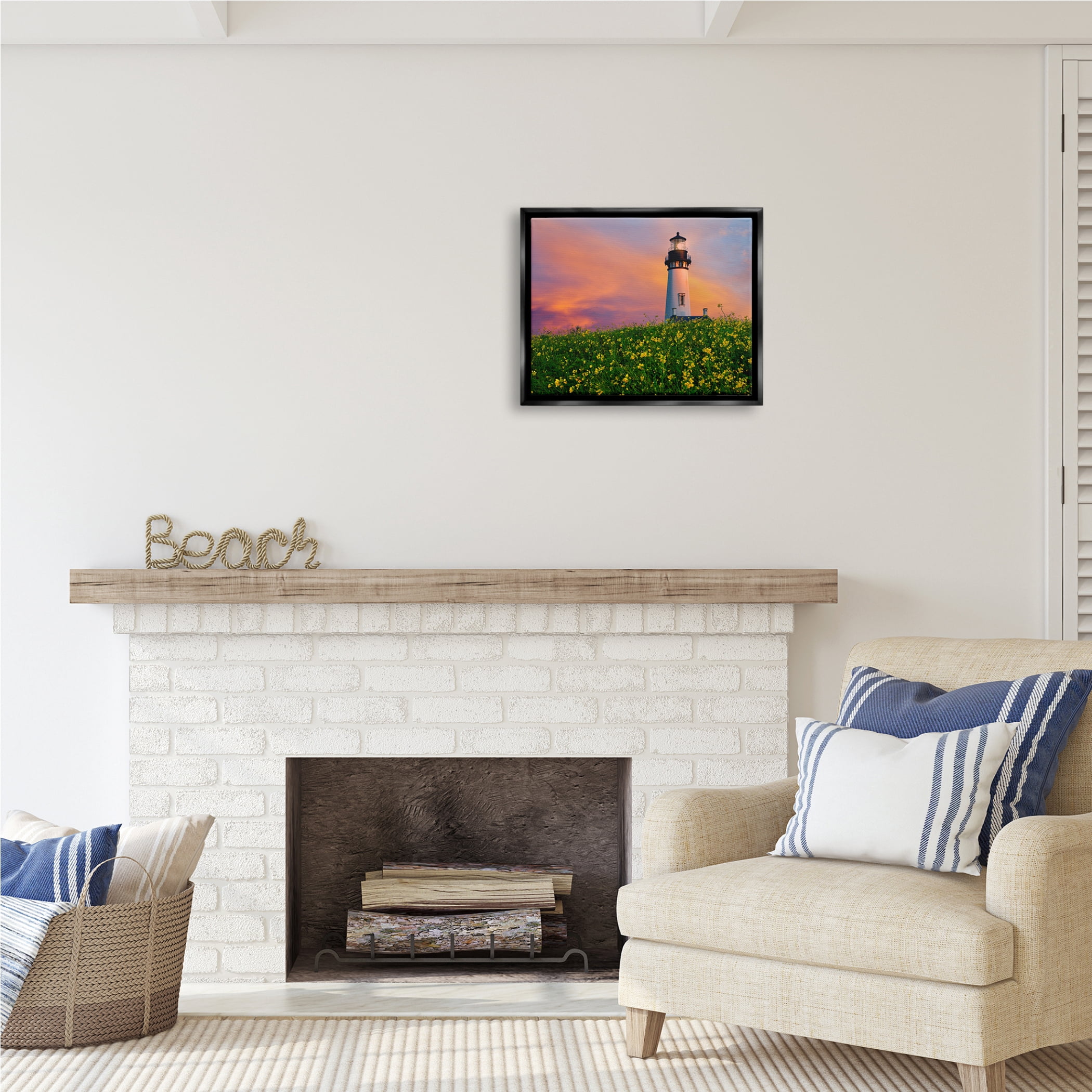 Stupell Industries Lighthouse in Meadow Sunrise Nature Photography Black Floater Framed Art Print Wall Art, 21 x 17
