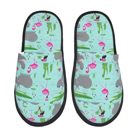 

Fuzoiu Hippo With Flamingos And Crocodiles Print Unisex Furry Slippers Plush Indoor Shoes Trendy House Slippers Anti-Skid EVA Sole House Shoes for Home Office and Travel -Large