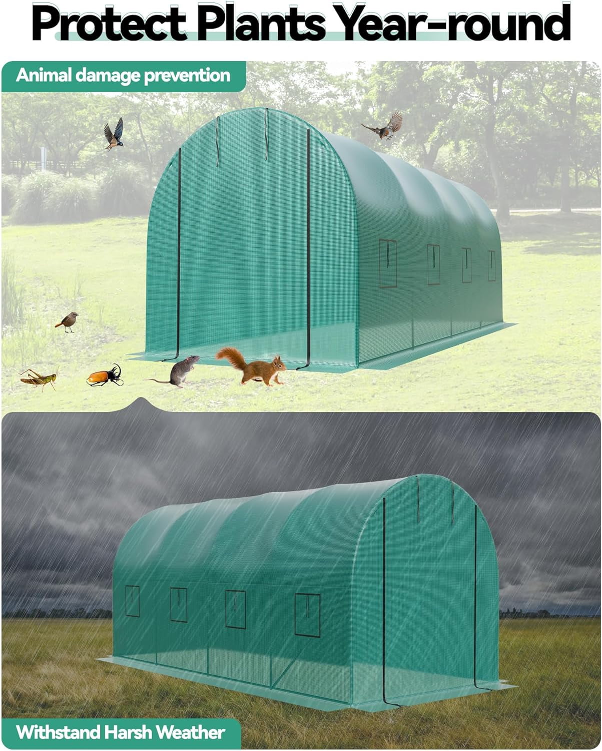 Large Greenhouse,15x6.5x6.5ft Heavy Duty Outdoor Greenhouses,Walk in Tunnel Green House,Portable Plant Gardening with Zippered Doors and Window,Galvanized Steel Frame for Gardening