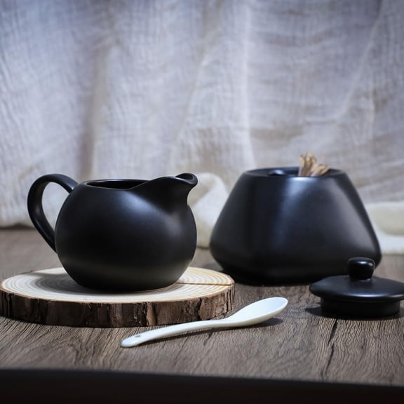 Black Ceramic Coffee Serving Set, Creamer Pitcher and Sugar Bowl Set