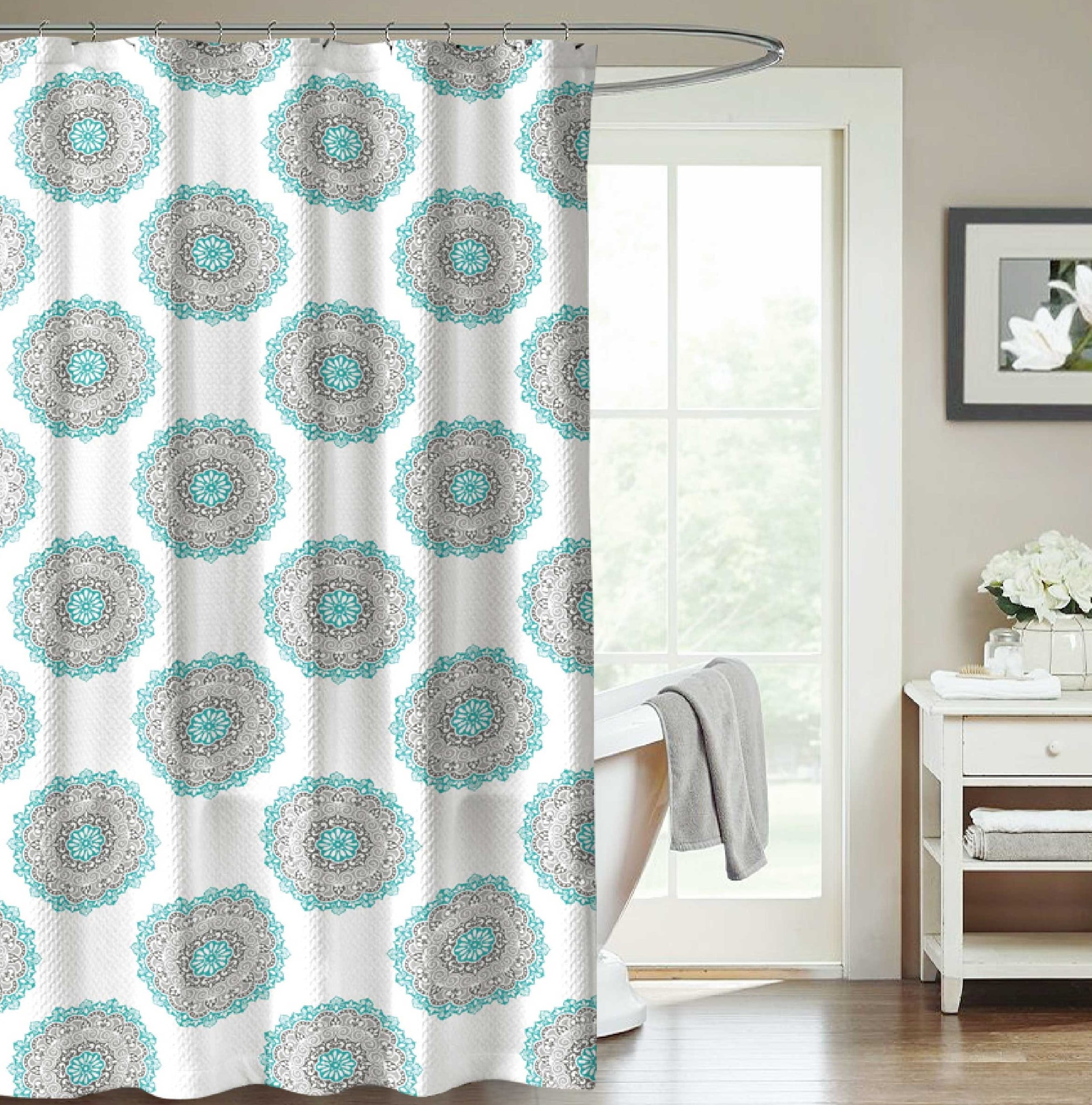 C.H.D Home Turquoise Grey White Fabric Shower Curtain Decorative Floral 