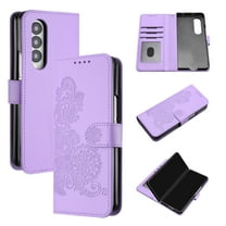 Wallet Case for Samsung Galaxy Z Fold 4, PU Leather Flip Protective Phone Case Card Slots Holder Pocket Emboss Flower Stand Magnetic Book Case for Samsung Galaxy Z Fold 4 - Purple