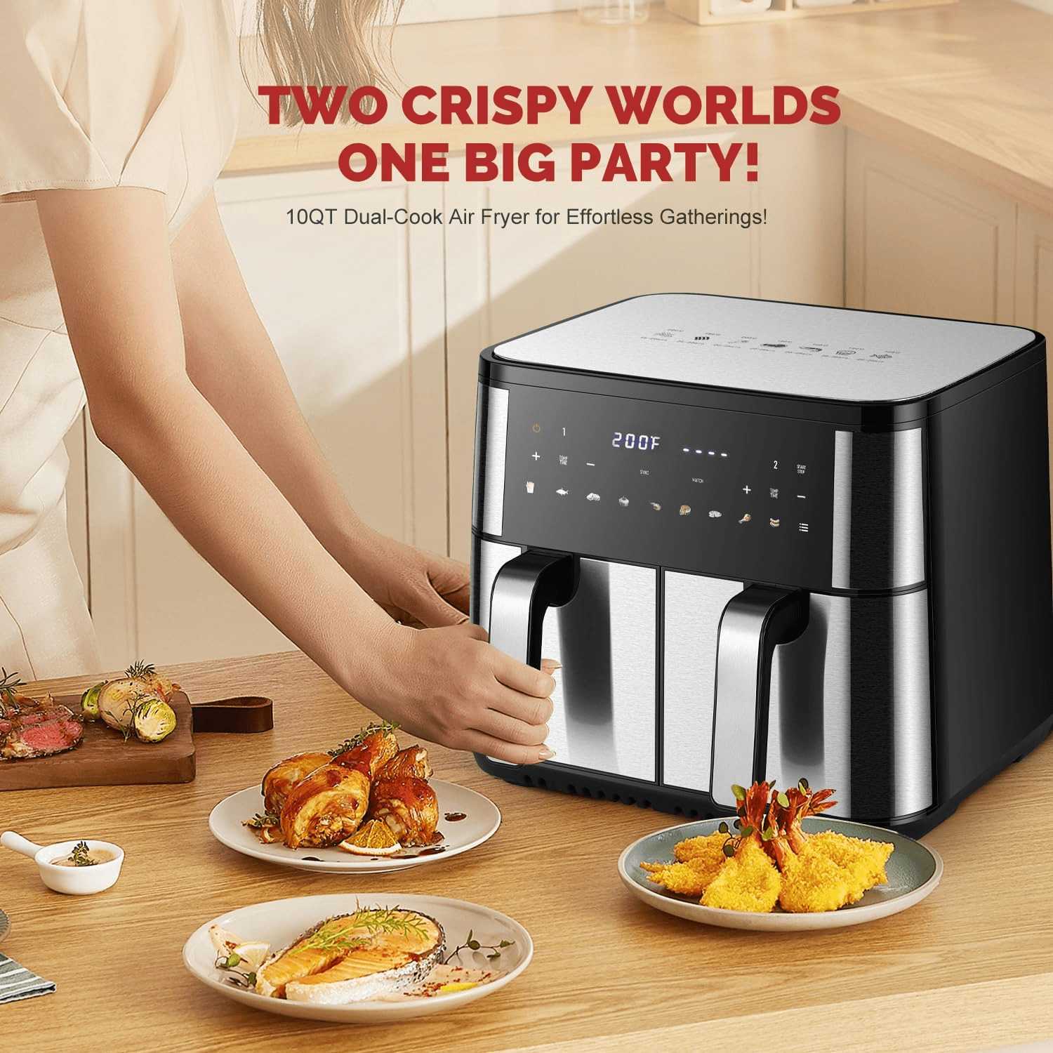 MIRASTON 10QT Digital Dual Basket Air Fryer, 1800W Stainless Steel Kitchen Cooker for Family Meals