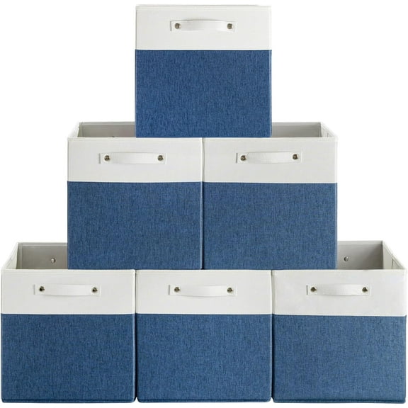13 x 13 Inch Fine Linen Storage Bins with Handles，Fabric Cube Boxs，Collapsible Basket Organizers for Shelves for Home, Closet Drawers (White/Blue-6 Pack)