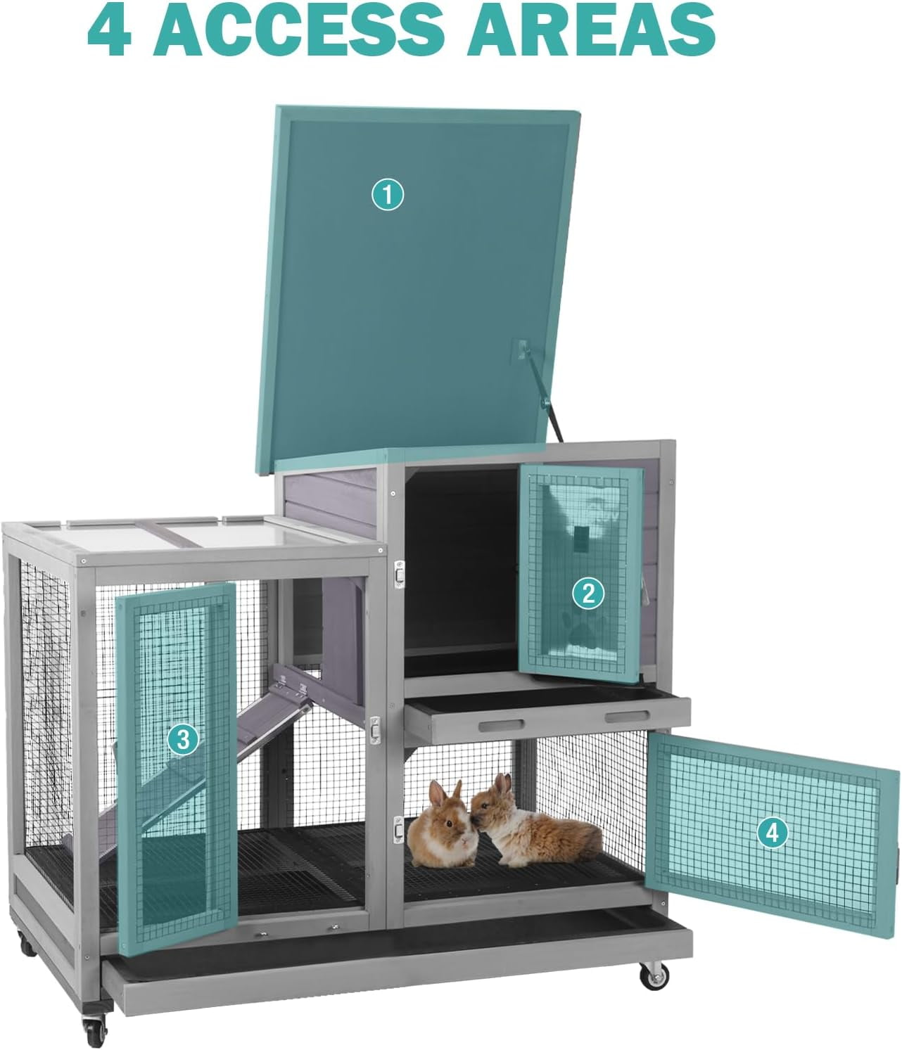 MEDEHOO 2-Story Rabbit Hutch Indoor Bunny Cage Outdoor Guinea Pig House with Wire Mesh Floor, Leak-Proof Trays, Lockable Wheels for Rabbits, Guinea Pigs, 40.6" L x 26" W x 37.6" H