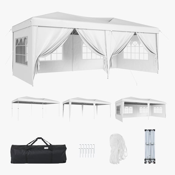 ClouDDwell 10x20ft Pop up Canopy, Party Tent with 3 Adjustable Heights, Tents for Party, Instant Shelter Canopy with 6 Removable Sidewalls For Parties, Weddings, White