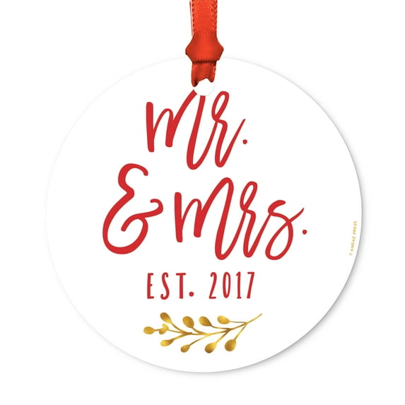 Family Metal Christmas Ornament, Mr. & Mrs. Est. 2017, Includes Ribbon and Gift Bag