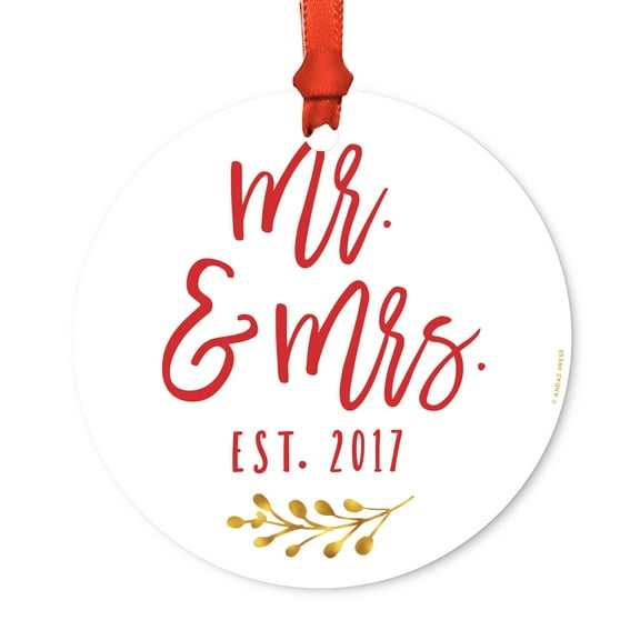 Family Metal Christmas Ornament, Mr. & Mrs. Est. 2017, Includes Ribbon and Gift Bag