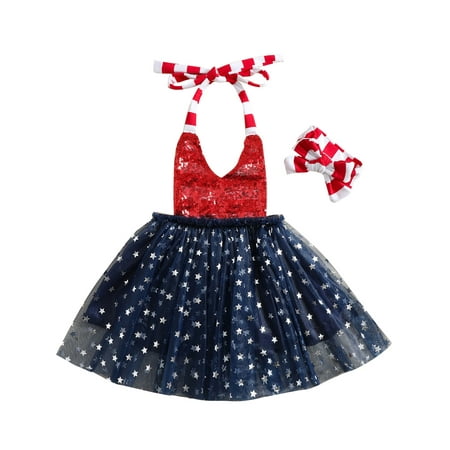 

Sunisery Little Girls Independence Day Clothes Set Stripe Halter Sequins Stars Mesh Tutu Skirt Hem Dress + Headband Red Blue 18-24 Months