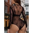 thumbnail image 4 of Womens Mesh Long Sleeve Bodysuit Round Neck Sheer Leotards Print Bodysuit Top with Snap Crotch, 4 of 5