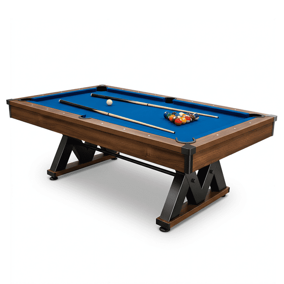 84” Billiard Table with Rustic Brown Finish,W-Shaped Legs and Royal Blue Cloth for Family Game Room, Adult Rrec Room, Basements, Man cave, or Garage
