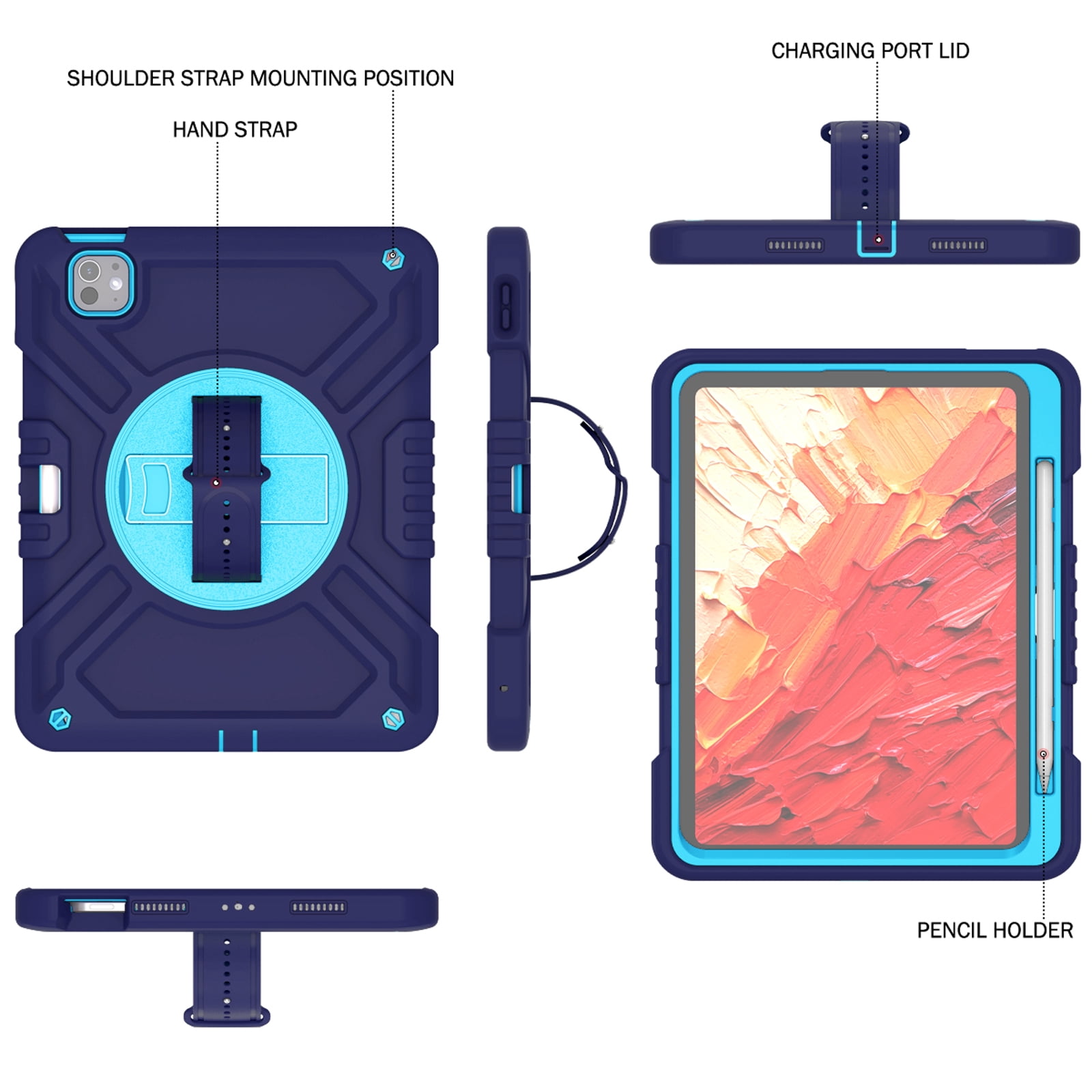 Military Grade Case for Apple iPad Pro 11 2024,Shoulder Strap Shockproof iPad Case with Pencil Holder 360 Rotating Hand Strap+Kicstand Rugged Siicone and Hard PC Case,Navyblue