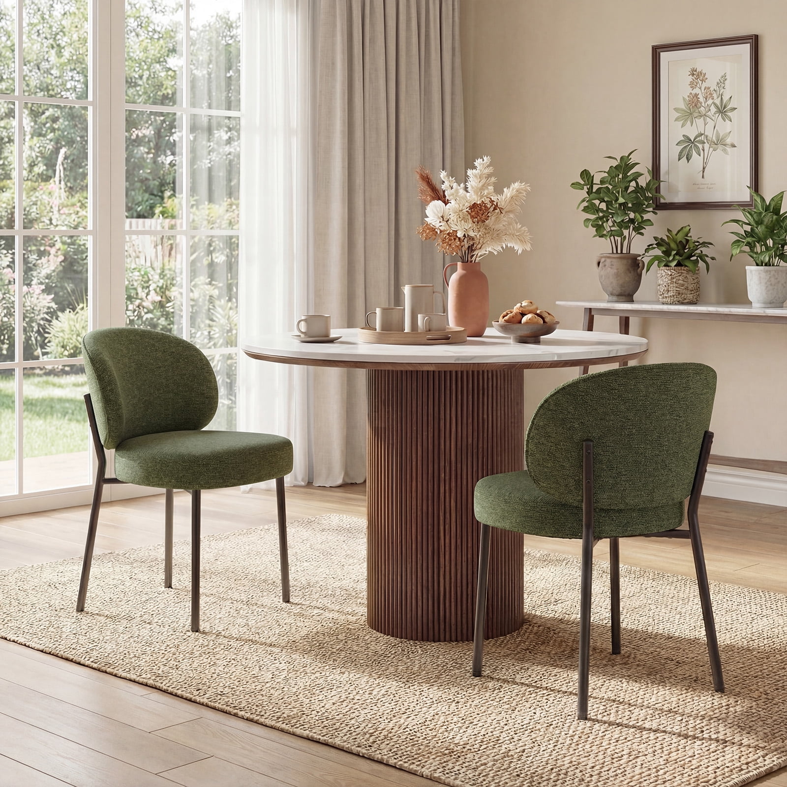 Set of 6 Upholstered Modern Dining Chairs, Mid Century Kitchen Chairs with Curved Backrest and Metal Legs for Dining Room, Living Room, Green