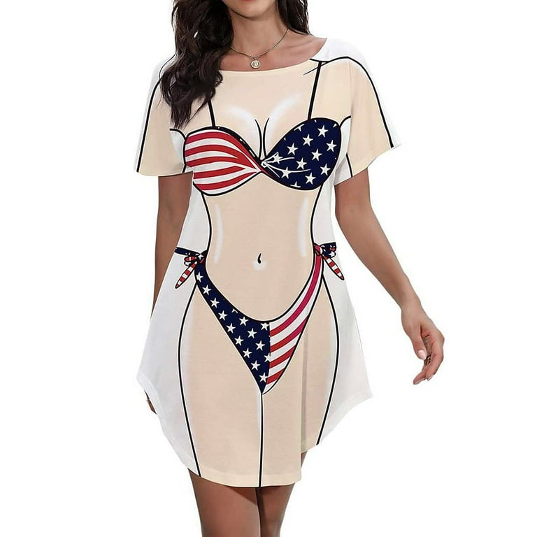 Women's Cute Bikini Printed T Shirt Dress Short Sleeve Baggy Shirt Beach  Fun Swimwear Cover Up Dress - Walmart.com