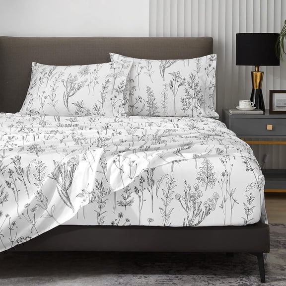 Floral Pattern Black and White Queen 4-Piece Sheet Set with 18 Inch Deep Pocket 1800 Thread Count Microfiber