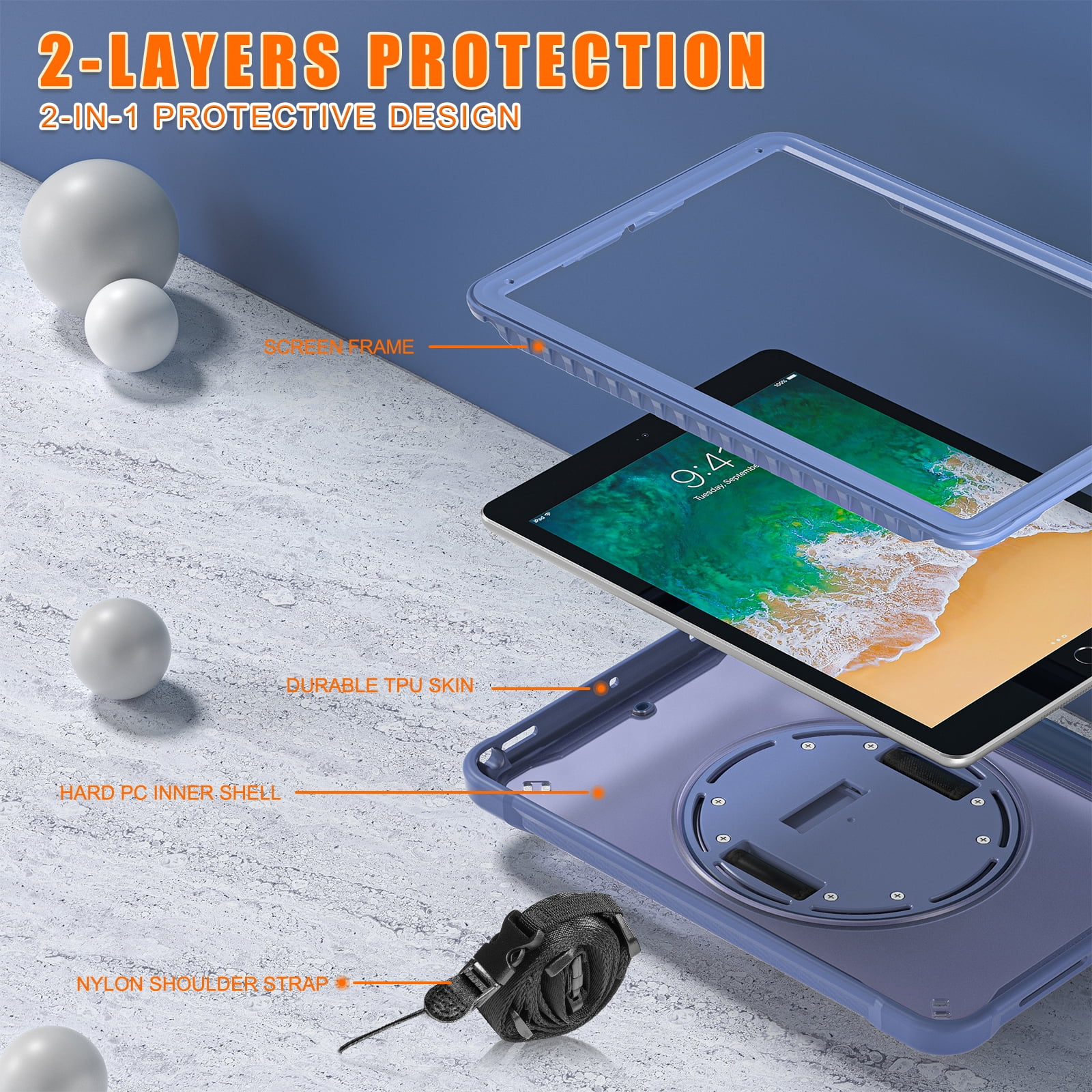 Dteck Case for iPad Air 2/iPad Pro 9.7"/iPad 5th/6th Generation,Military Grade Shockproof Silicone Protective Cover 360° Rotatable Stand- Shoulder Strap- Handle- Pencil Holder,Grey