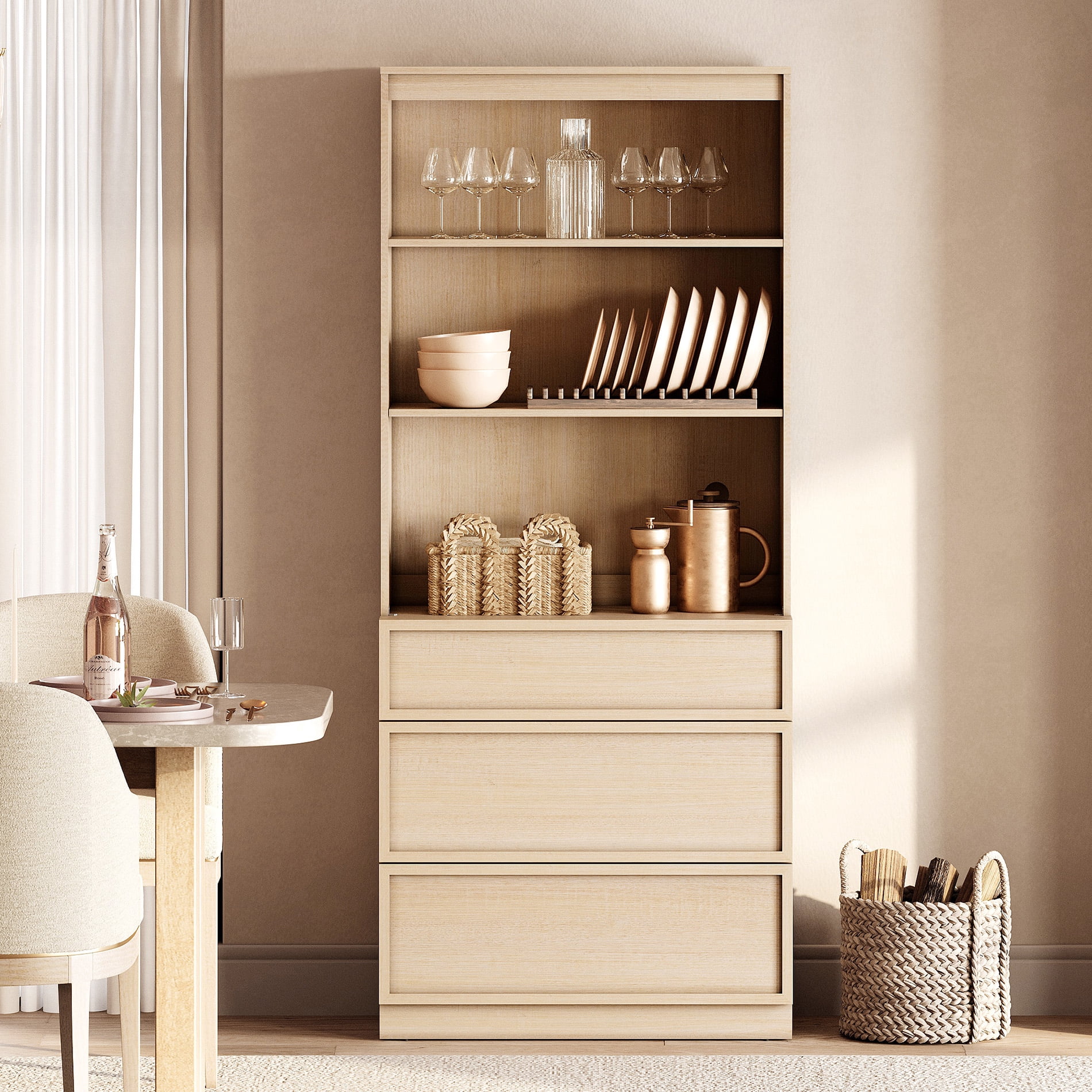 Modern 72" Tall 31.5" Wide Wood Sideboard Buffet with 3 Drawers & Open Shelves for Dining Kitchen,Beige