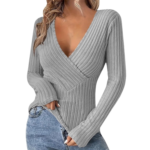 Womens Cleavage Tops Ribbed Knit Long Sleeve Shirts Deep V Neck Tees Going Out Outfits Clubwear