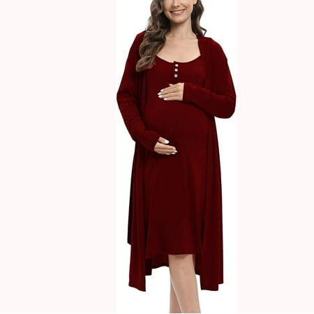 

Women s 2 Piece Maternity Nursing Nightgown Robe Set Button Down Breastfeeding Night Dress 3 in 1 Labor Delivery Robe Pregnancy Sleepwear Loungewear Set S-3XL