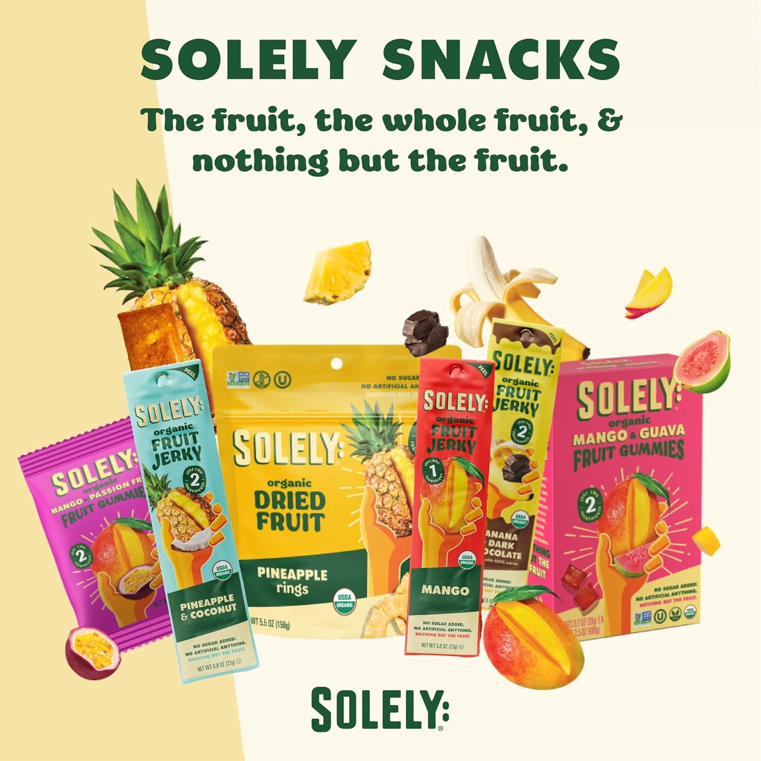 SOLELY Organic Mango & Strawberry Whole Fruit Gummies (Pack of 3, 10 Bags per Box), Real Fresh Fruit, Healthy Snacks for All, Vegan, 30 Bags