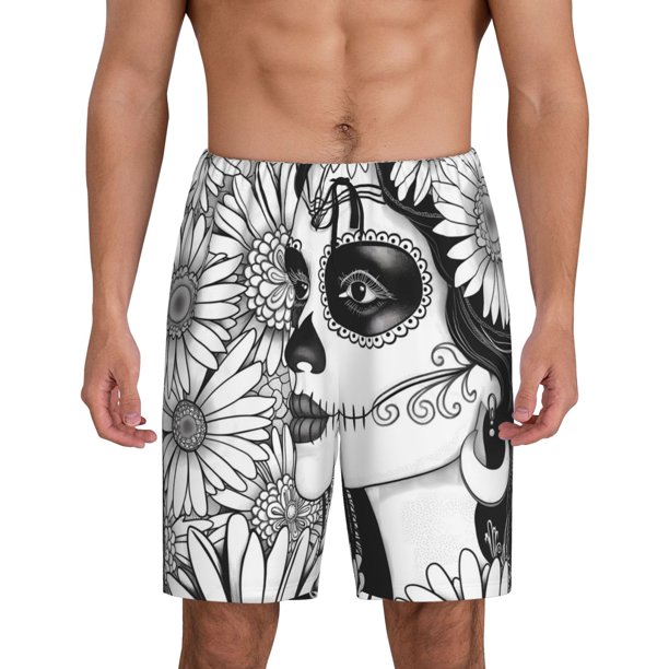 Fotbe Floral Sugar Skull Portrait Pantalones Cortos de Pijama para Hombre, Ropa de Dormir, Pantalones de Pijama Cortos para Hombre-Small