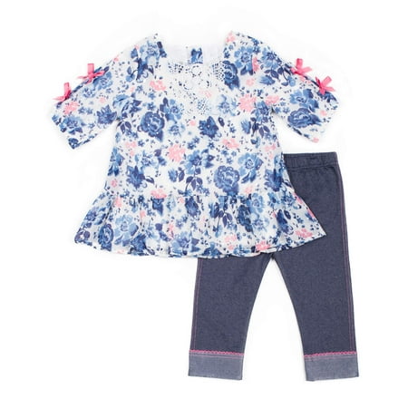 - Long Sleeve Printed Chiffon Top & Capri, 2pc Outfit Set (Baby Girls & Toddler Girls)