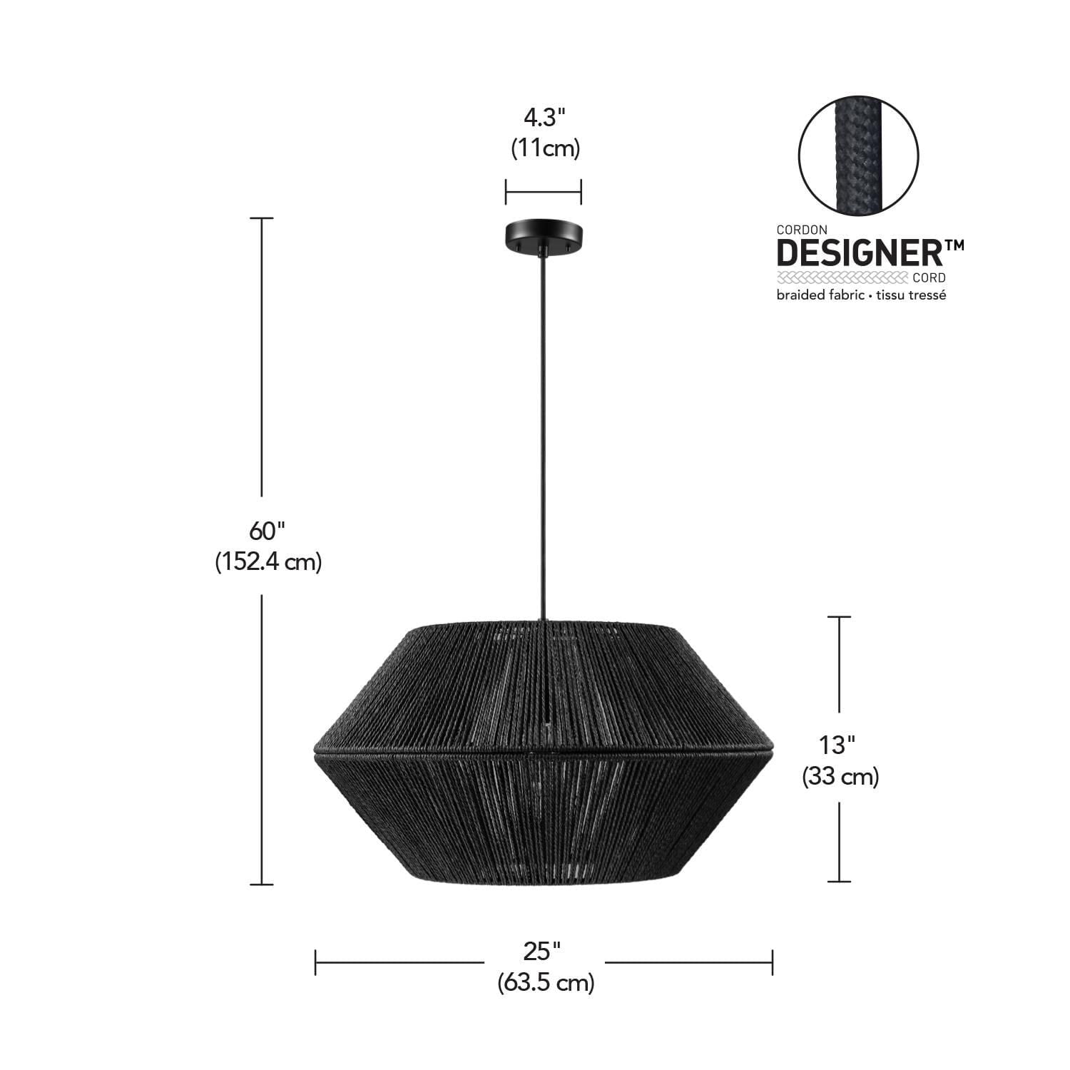 Globe Electric Terra 1-Light Chandelier, Matte Black Natural Twine, Mate Black Canopy and Socket, Designer Black Cloth Hanging Cord, 65470