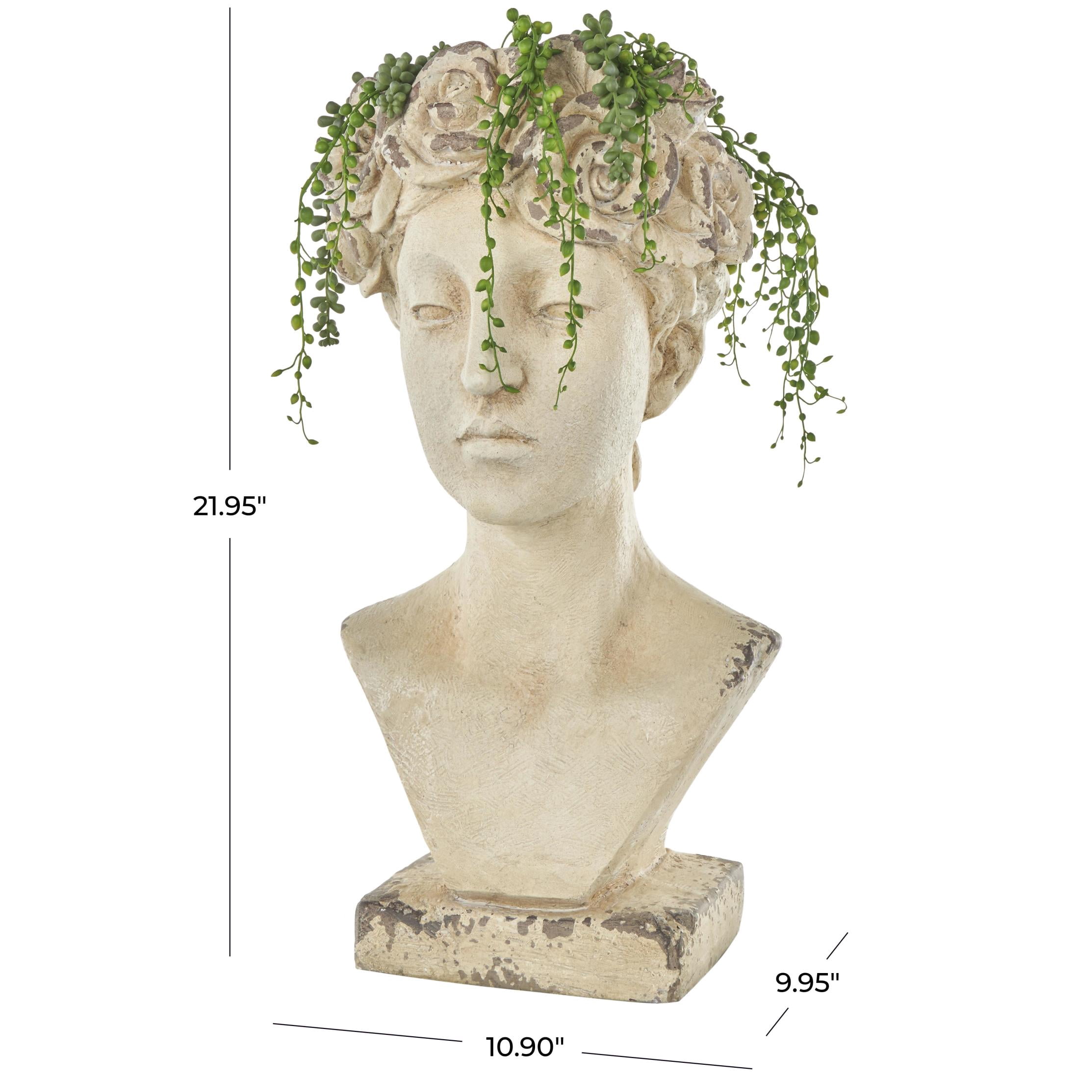 DecMode 11" x 22" Distressed Antique Greek Bust Cream Magnesium Oxide Woman Planter with Floral Accents